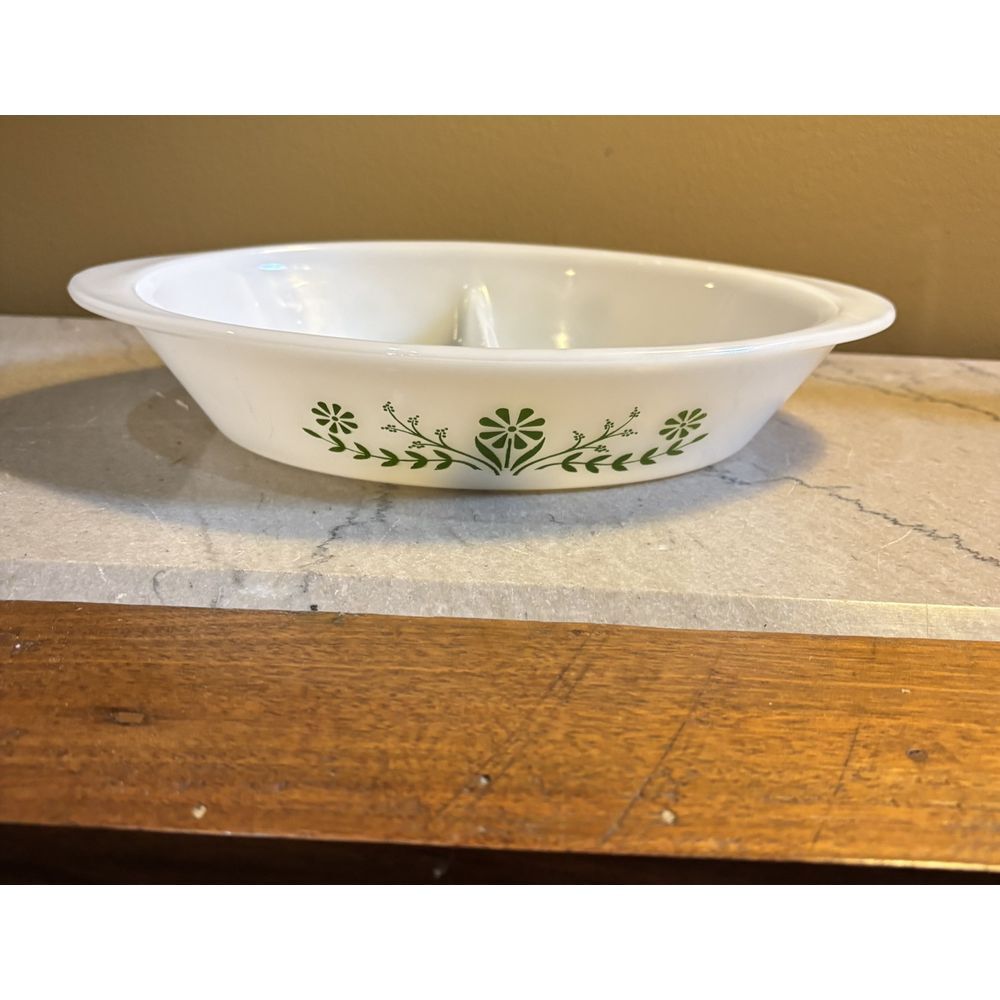 Glasbake Green Crazy‎ Oval Divided Casserole Dish J2352 MilkGlass Vintage